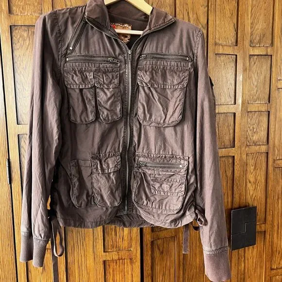 Twill 22 Twenty Two Jacket Womens L Brown Bomber Draw Strings Pockets Hood Y2K - Picture 12 of 12